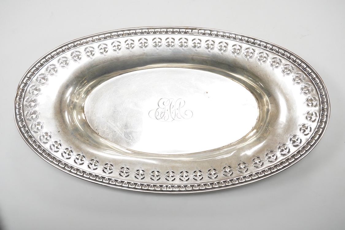 A late 19th/early 20th century North American sterling oval dish by Wm. B. Durgin & Co, with pierced border, length 32cm, 7.6oz.